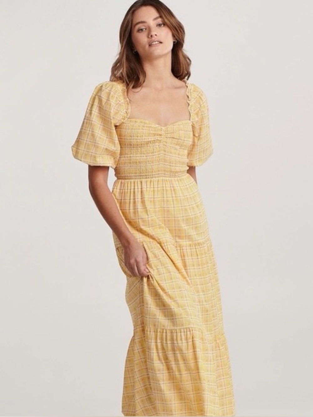 Charlie Holiday Elina Yellow Plaid Smocked Maxi Dress US 8